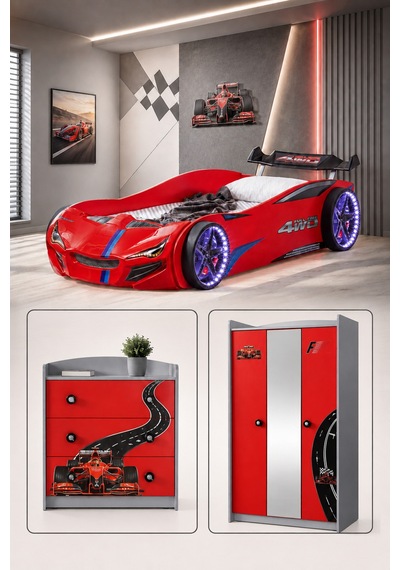 Formula Genç Odası, 3 Kapılı Dolap, Merso Full Ledli Arabalı Yatak, Şifonyer - Kırmızı Formula Genç Odası, 3 Kapılı Dolap, Merso Full Ledli Arabalı Yatak, Şifonyer - Kırmızı