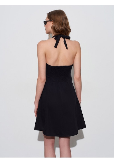 Dilvin 90568 Halter Yaka Denim Mini Elbise-siyah