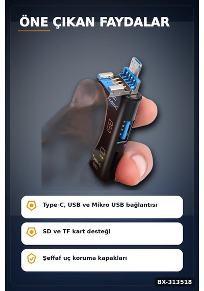 Tip-c Micro Usb Girişli 5'li Çok Fonksiyonlu Sd Kart Okuyucu Otg Dönüştürücü Bx-313518 Çok Renkli