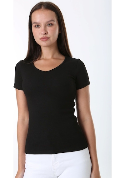 Rooted-kadın Basic V Yaka T-shirt ,fitilli Kaşkorse Kumaş Bluz SIYAH