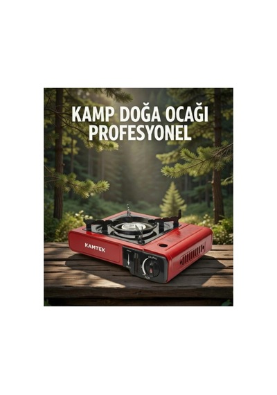 Kamptek Profesyonel Portatif Kamp Ocağı Kırmızı Stop Emniyet + Çakmak Ateşleme + Hediyeli Çanta Kırmızı