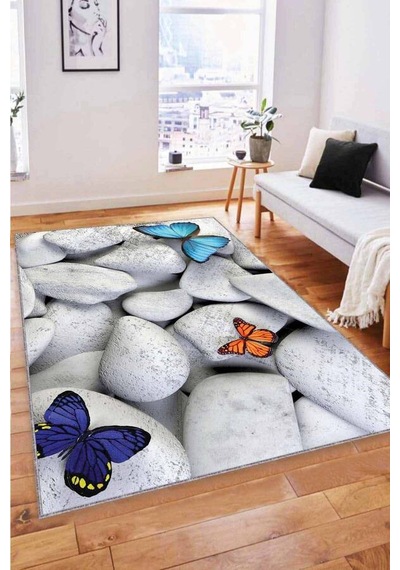 Kırk Beyaz Kelebek Desenli 3d Kaymaz Tabanlı Halı Rv362n11