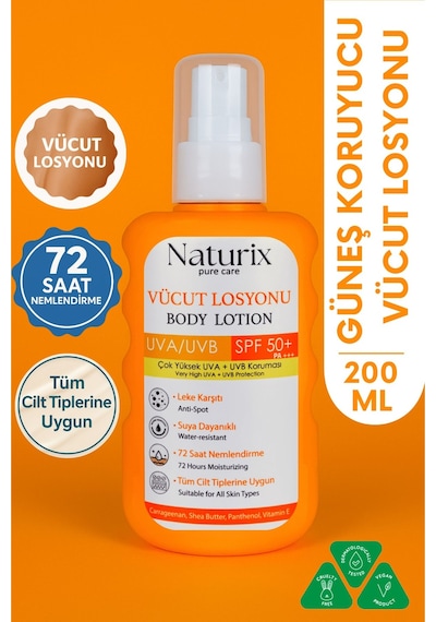 Vücut Losyonu Spf 50+ Pa+++ Uva/uvb Güneş Koruması, 72 Saat Nem, Leke Karşıtı Etkili - 200ml