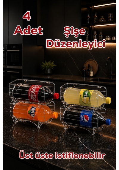 Porsima L-00608 Dolap İçi Şişe Organizeri Kat Kat İstiflenebilir Buzdolabi Düzenleyici Seti 4 Adet Şeffaf