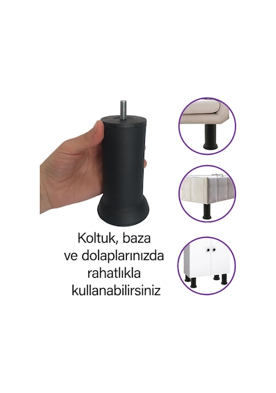 Metal Destek Ayağı 12 Cm Siyah Mobilya Kanepe Baza Koltuk Ünite Ayakları Metrik 8 Civatalı İnce Diş