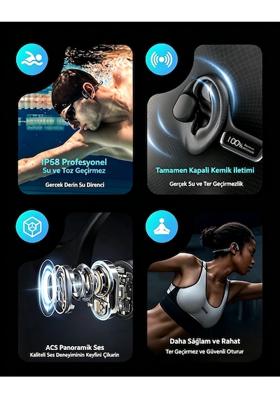 34g Hafif Kemik İletimli Kulaklık, 32gb Mp3/flac Desteği, Ipx8 Su Geçirmez, Spor Siyah