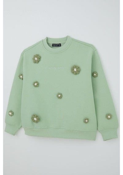 Locoloco Kız Çocuk Sweatshirt Çiçek Motifli 9-14 Yaş, Su Yeşili Su Yeşili