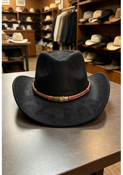 Gigi Luxe Erkek Siyah Western Kovboy Şapkası Örgü Deri Bantlı Cowboy Hat Siyah Siyah