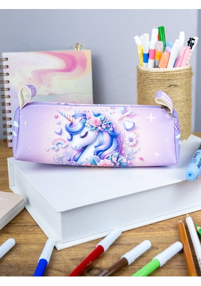 Kalem Kutusu Unicorn World Üçgen Tasarım Vegan Deri Kalemlik Ve Makyaj Çantası
