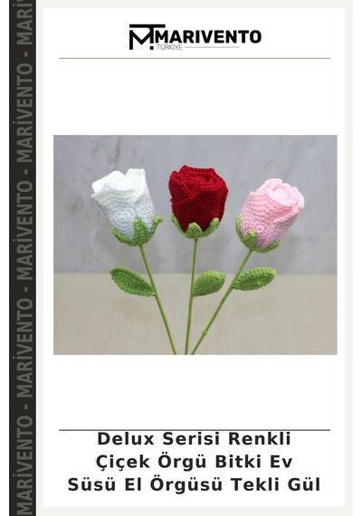Delux Serisi Renkli Çiçek Örgü Bitki Ev Süsü El Örgüsü Tekli Gül Çok Renkli