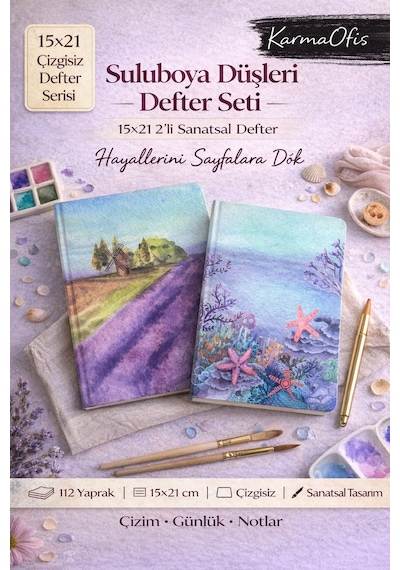 15x21 Çizgisiz Defter 2'li Set Suluboya Düşleri Serisi 112 Yp Günlük Ve Çizim Defteri