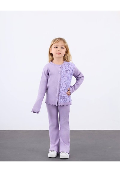 Miniko Kids Kız Çocuk Bayramlık Çiçek Detaylı Kaşkorse Taytlı Takım Lila