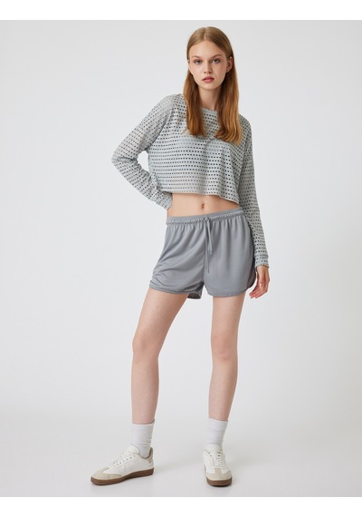 Koton Oversize Crop Spor Tişört Bisiklet Yaka Ajurlu Uzun Kollu Gri 5wak10136nk Gri