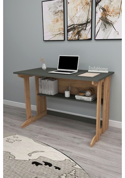 Enda Home Pillar Kütüphaneli Geniş Çalışma Masası 100x56 Cm Çam - Antrasit Çam - Gri
