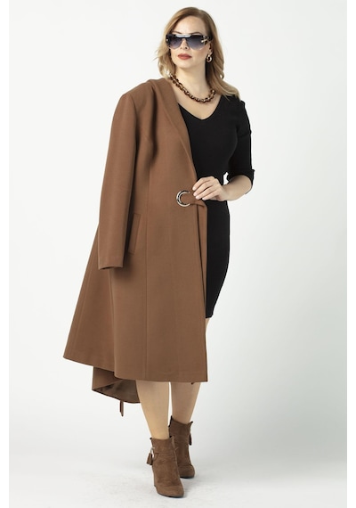 Moda Berray 932 Kadın Camel Şal Yaka Kuşaklı Toka Detaylı  Kaşe Kaban Camel