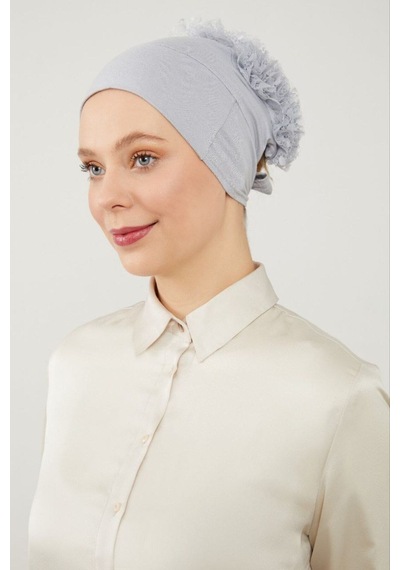 Melodi Scarf Kadın Tesettür Sihirli Yapışkanlı Kaymayan Fırfırlı Dolgulu Topuz Bone Açık Gri Açık Gri