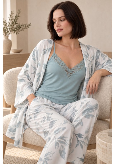 Loule Kadın Mint Yaprak Desenli Sabahlıklı Penye Pijama Takımı
