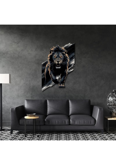 Siyah Aslan Metal Tablo Güçlü Hayvan Temalı Duvar Dekoru 50x75 Çok Renkli