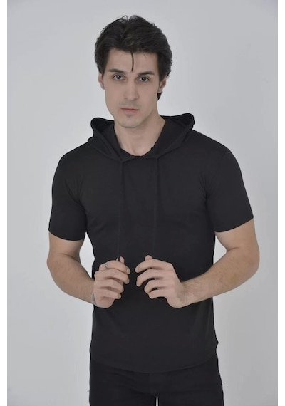 Erkek Kapşonlu Slim Fit T-shirt - Siyah L Siyah