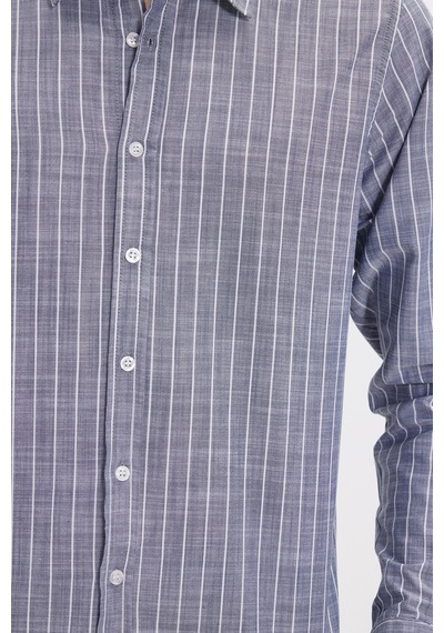 Tudors Erkek Slim Fit Dar Kesim Uzun Kollu %100 Pamuk Keten Doku Çizgili Gömlek-42644 Lacivert