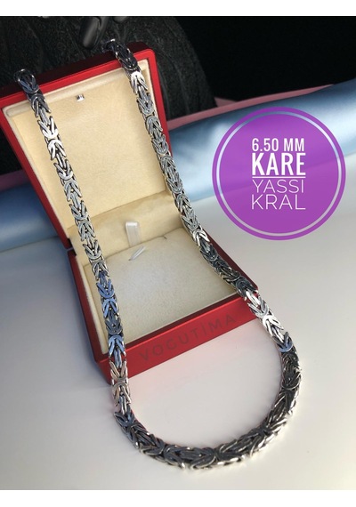 6.5mm Kare Kesim Yassı Kral Gümüş Kolye Işıklı Kutuda Sevgiliye Eşe Babaya Kolye Gümüş