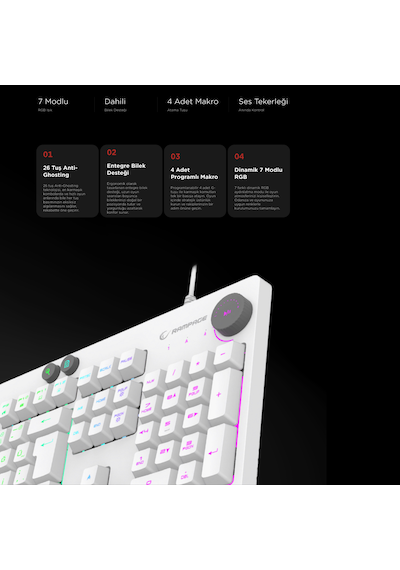 Kb-gx65 Sımula Beyaz Usb Rgb Aydınlatmalı 4 Makro Tuşlu Bilek Destekli Gaming Oyuncu Klavyesi