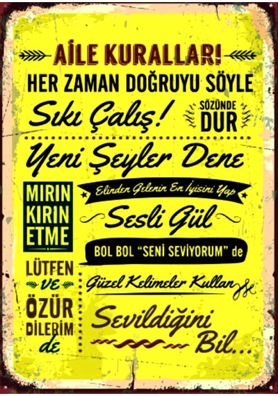 Aile Kuralları Mdf Tablo Dekoratif Retro Vintage Duvar Tablosu Ev Hediyesi