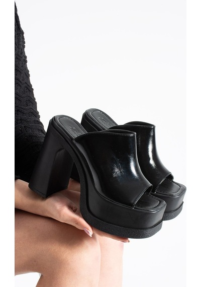 Dabab Shoes Monelıa Kadın Siyah Rugan 13 Cm Platform Topuklu Önü Açık Kalın Topuklu Terlik Sandalet