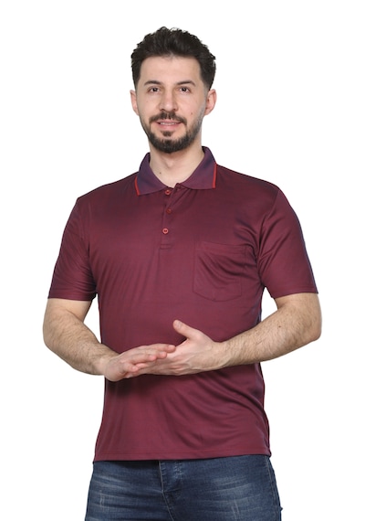 Kzctekstil Erkek Baba Ve Orta Yaş Penye Yakalı Cepli Oxfort Kumaş Pamuklu Tişört Klasik Kesim Bordo