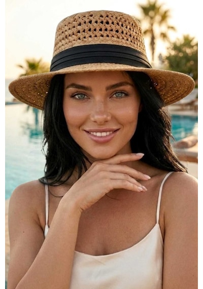 Tezzgelsin Kadın Hasır Şapka Riviera Stil Delikli Örgü Yazlık Plaj Şapkası Camel - Siyah