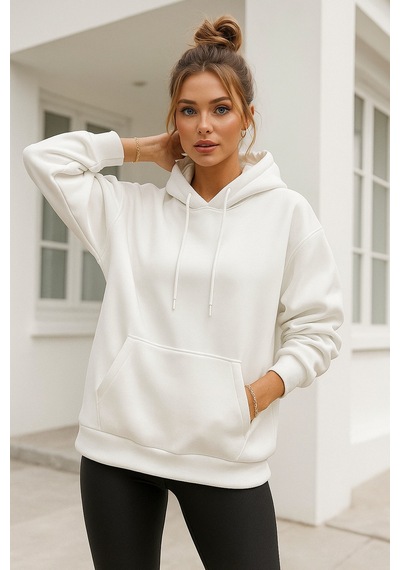 Kadın Ekru Kanguru Cepli Kapüşonlu Scuba Sweatshirt Ekru