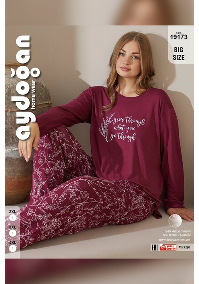 Aydoğan Kadın Büyük Beden Grow Through Yazılı Menekşe İnci Pijama Takımı 9173 Bordo
