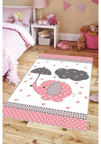 Pembe Kaymaz Tabanlı Filli Bebek Halıları Bebek Halısı Kd19n11