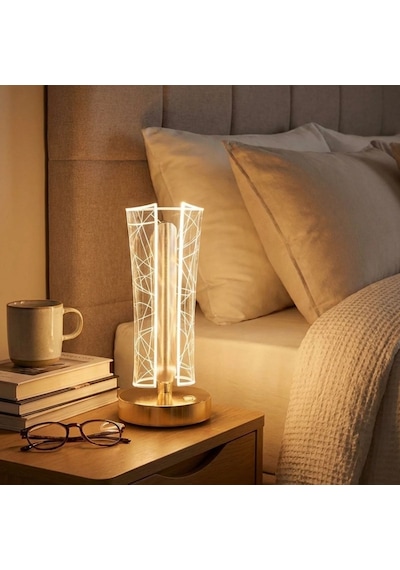 Buffer İki Yandan Kavisli Silindirik Geometrik Çizgi Model Kristal Led Masa Lambası Dokunm Çok Renkli