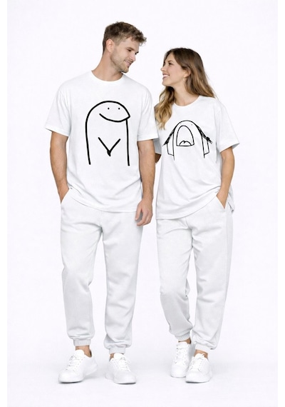 Sevgili Kombini Çift Tişört Oversize Unisex Matching Couple Minim Beyaz