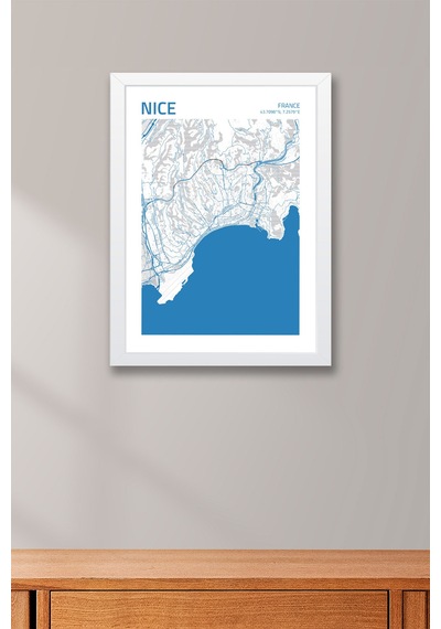 Nice Fransa France Haritası Çerçeveli Tablo Lüks Salon Ofis Duvar Dekorasyonu Hediyelik Tablo Beyaz