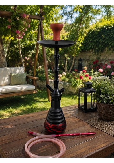 Nargile 70 Cm Siyah Kırmızı Büyük Boy Nargile Takımı Cam Şişe Uzun Gövde