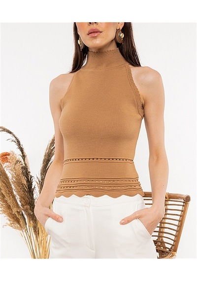 Aqe Fashion Kadın Halter Yaka Dantel Detaylı Bluz Camel-Camel