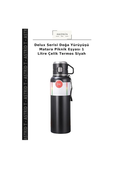 Delux Serisi Doğa Yürüyüşü Matara Piknik Eşyası 1 Litre Çelik Termos Siyah Çok Renkli
