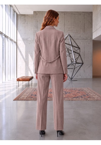 Prenses Blazer Ceket Geniş Paça Pantolon Takım Elbise Pudra