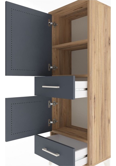 Arges Dolap 3 Raflı 2 Çekmeceli 2 Kapaklı 44x30x134 Çam-antrasit Atlas Çam