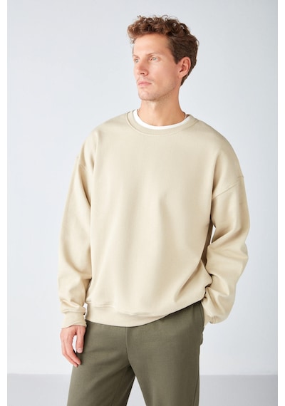 Grimelange Stephan Erkek Yumuşacık Kumaşlı Organik Pamuklu Oversize Fit Yuvarlak Yakalı Bej Sweatshirt