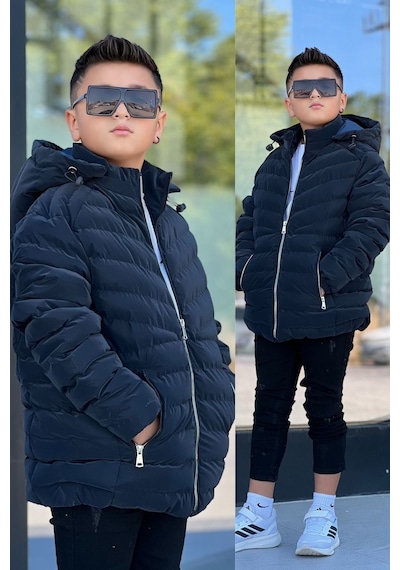 Pina Kids Erkek Çocuk Çıkarılabilir Kapüşonlu Sık Dikişli Nova Kumaş Kışlık Şişme Mont Km4016 Lacivert