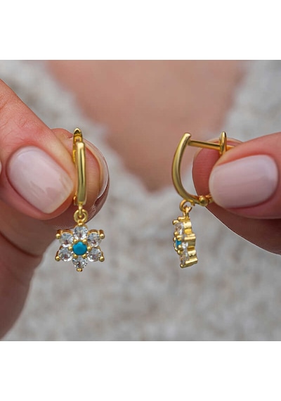 Gümüş Mavi Taşlı Gold Çiçek Kadın Küpe 14 MM-Gümüş