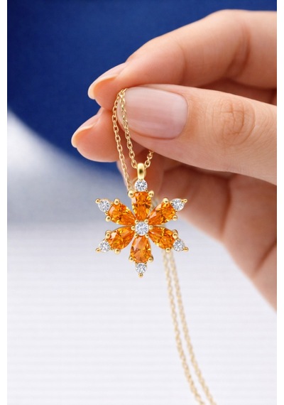 Çekirdekjewelry 925 Ayar Gümüş Turuncu Taşlı Kamelya Çiçeği Kolye Sarı Turuncu