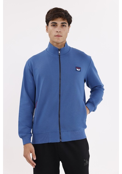 Rowinger Cepli Dik Yaka Tam Fermuarlı Göğüs Arma Detaylı Rahat Kalıp Mevsimlik Sweatshirt İndigo