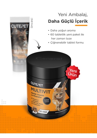 Cutepet Multivit Kedi Vitamin Ve Mineral Tableti 60 Adet Günlük Bağışıklık Ve Enerji Takviyesi