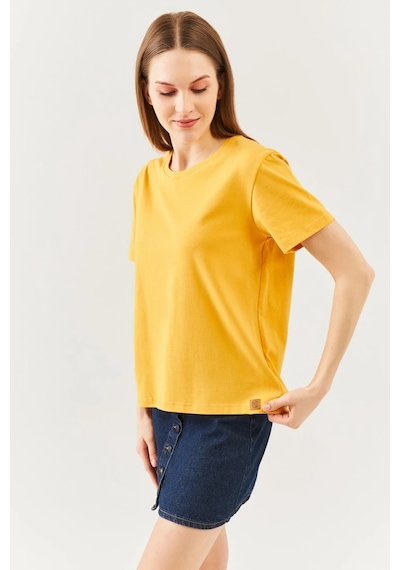Kadın Oversize Rahat %100 Pamuklu Penye Bisiklet Yaka Kısa Kol Basic T-shirt Hardal