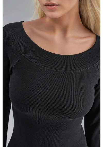 Hiccup Busem Slim Fit Fitilli Kayık Yaka Bluz Siyah