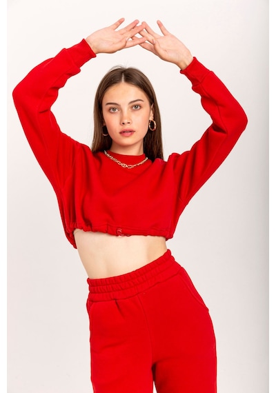 Kaktüs Moda Şardonlu 3 İplik Kumaş Uzun Kol Kadın Sweatshirt Kırm